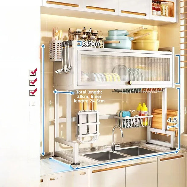 Kitchen Sink Storage Ra Dustproof Cabinet Door Diware Draining Ra with Door Creative Dining Utensils Organization