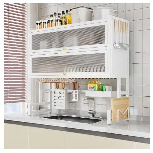 Kitchen Sink Storage Ra Dustproof Cabinet Door Diware Draining Ra with Door Creative Dining Utensils Organization