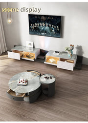 Modern Design Living Room Furniture With Turntable Wooden Drawer Storage Luxury Marble TV Stand