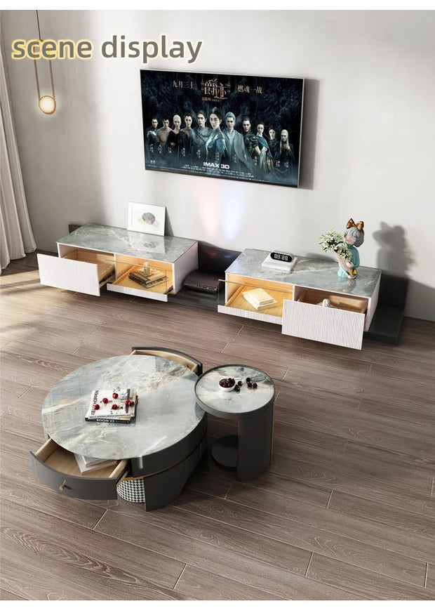 Modern Design Living Room Furniture With Turntable Wooden Drawer Storage Luxury Marble TV Stand