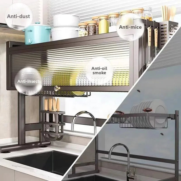 Kitchen Sink Storage Ra Dustproof Cabinet Door Diware Draining Ra with Door Creative Dining Utensils Organization
