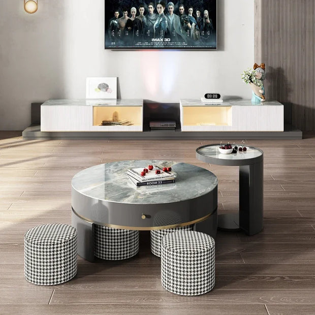 Modern Design Living Room Furniture With Turntable Wooden Drawer Storage Luxury Marble TV Stand