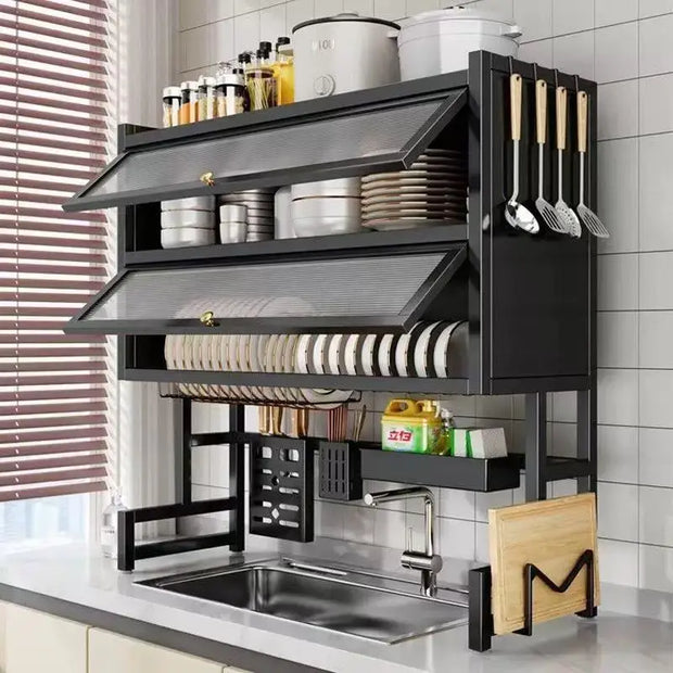 Kitchen Sink Storage Ra Dustproof Cabinet Door Diware Draining Ra with Door Creative Dining Utensils Organization