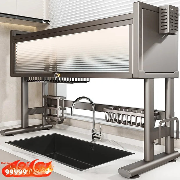 Kitchen Sink Storage Ra Dustproof Cabinet Door Diware Draining Ra with Door Creative Dining Utensils Organization
