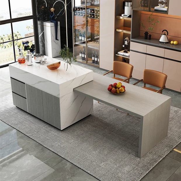 Kitchen Island Table, Dining Table, Retractable and Movable, Rotating Rock Plate Table, Suitable for Bar Kitchens