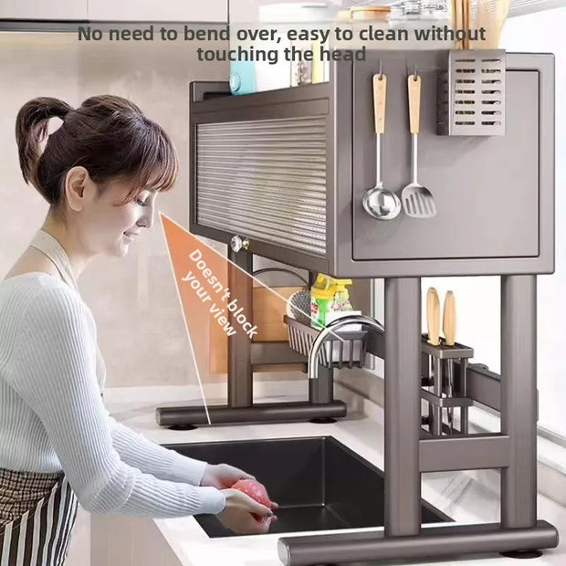 Kitchen Sink Storage Ra Dustproof Cabinet Door Diware Draining Ra with Door Creative Dining Utensils Organization