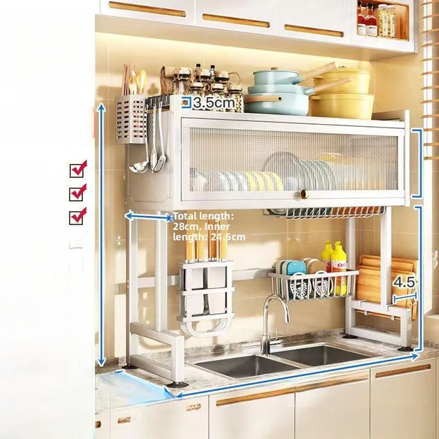 Kitchen Sink Storage Ra Dustproof Cabinet Door Diware Draining Ra with Door Creative Dining Utensils Organization