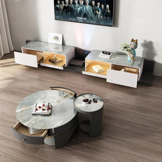 Modern Design Living Room Furniture With Turntable Wooden Drawer Storage Luxury Marble TV Stand