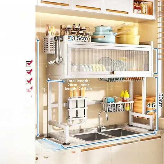 Kitchen Sink Storage Ra Dustproof Cabinet Door Diware Draining Ra with Door Creative Dining Utensils Organization