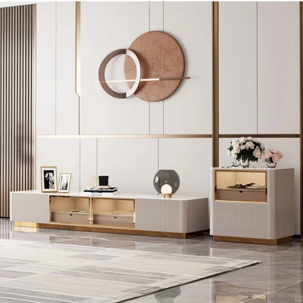 Living Room Furniture Modern Luxury Cabinet TV Stand Stainless Steel +mdf+rock Plate+solid Wood Carton + Wooden Frame Storage