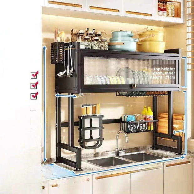 Kitchen Sink Storage Ra Dustproof Cabinet Door Diware Draining Ra with Door Creative Dining Utensils Organization